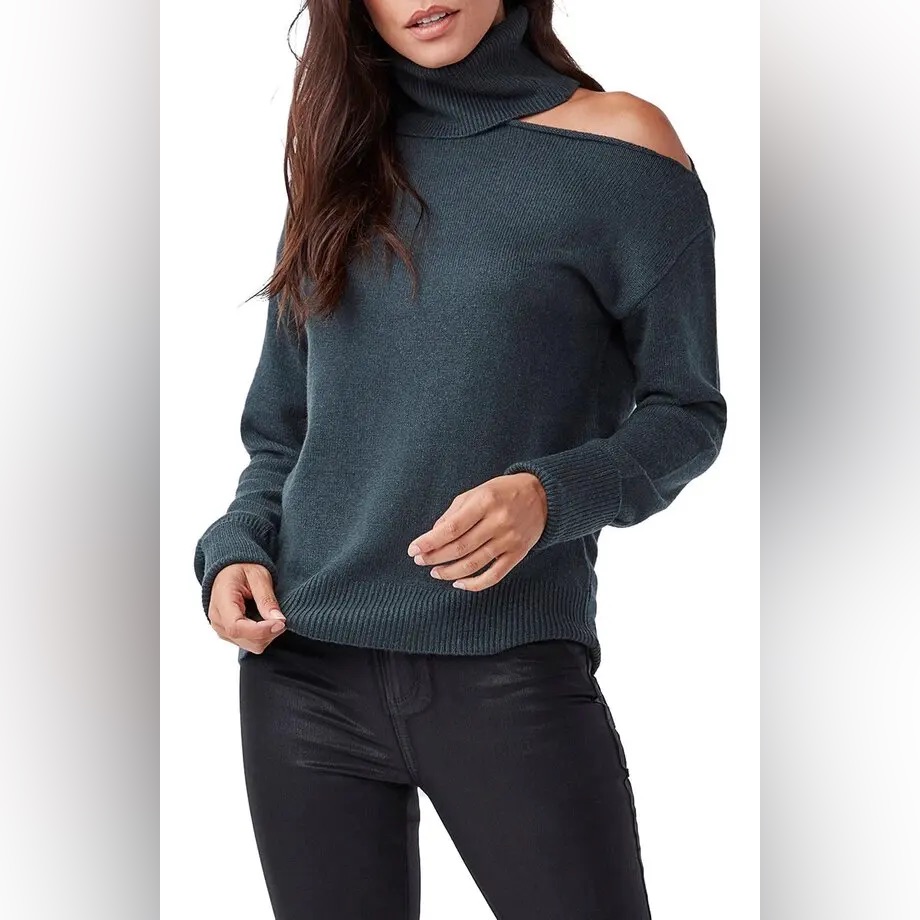 Nwt Paige Raundi Sweater Dark Spruce Wool Blend Turtleneck Bare Shoulder Size S.